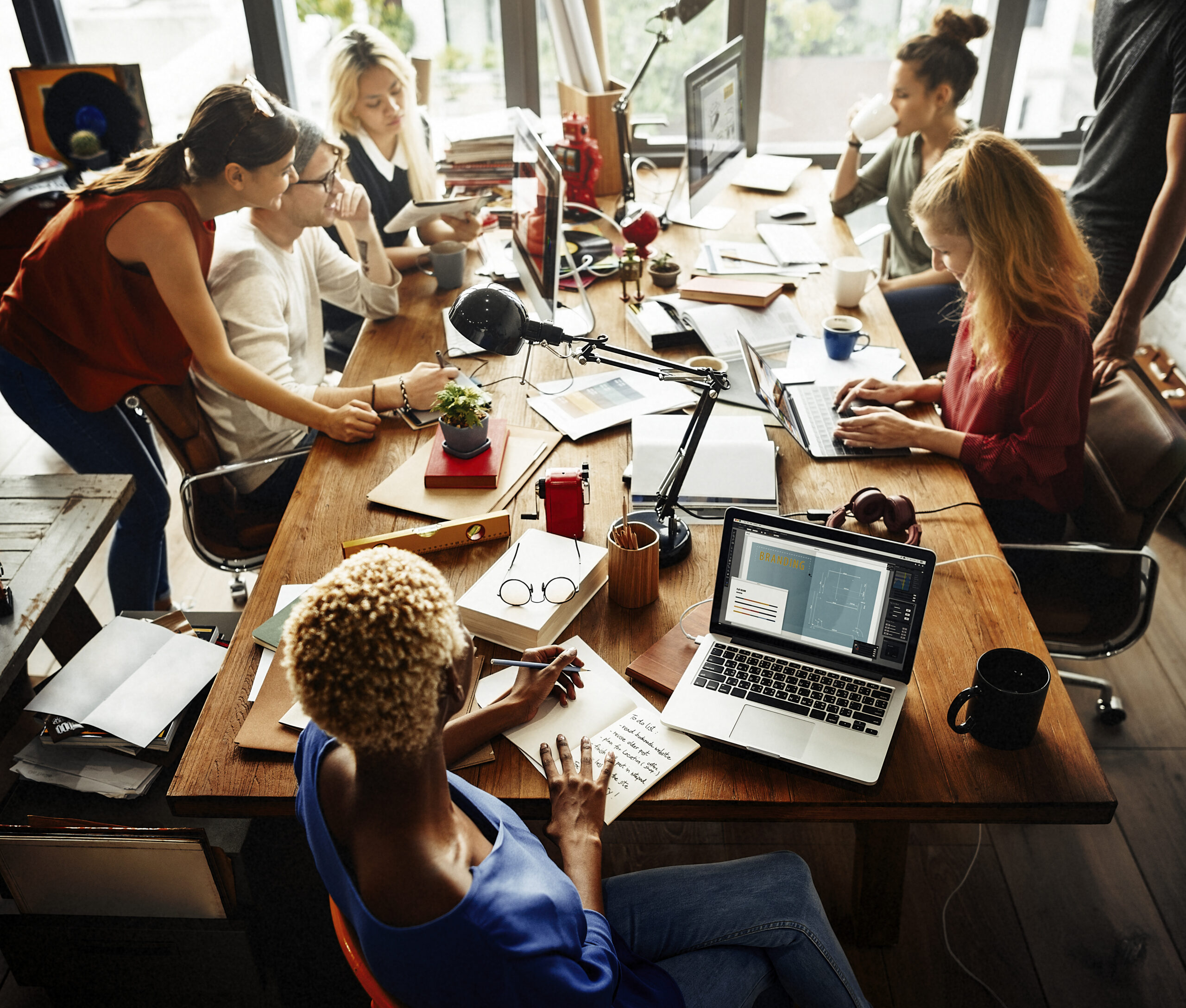 A team in a marketing agency working together.